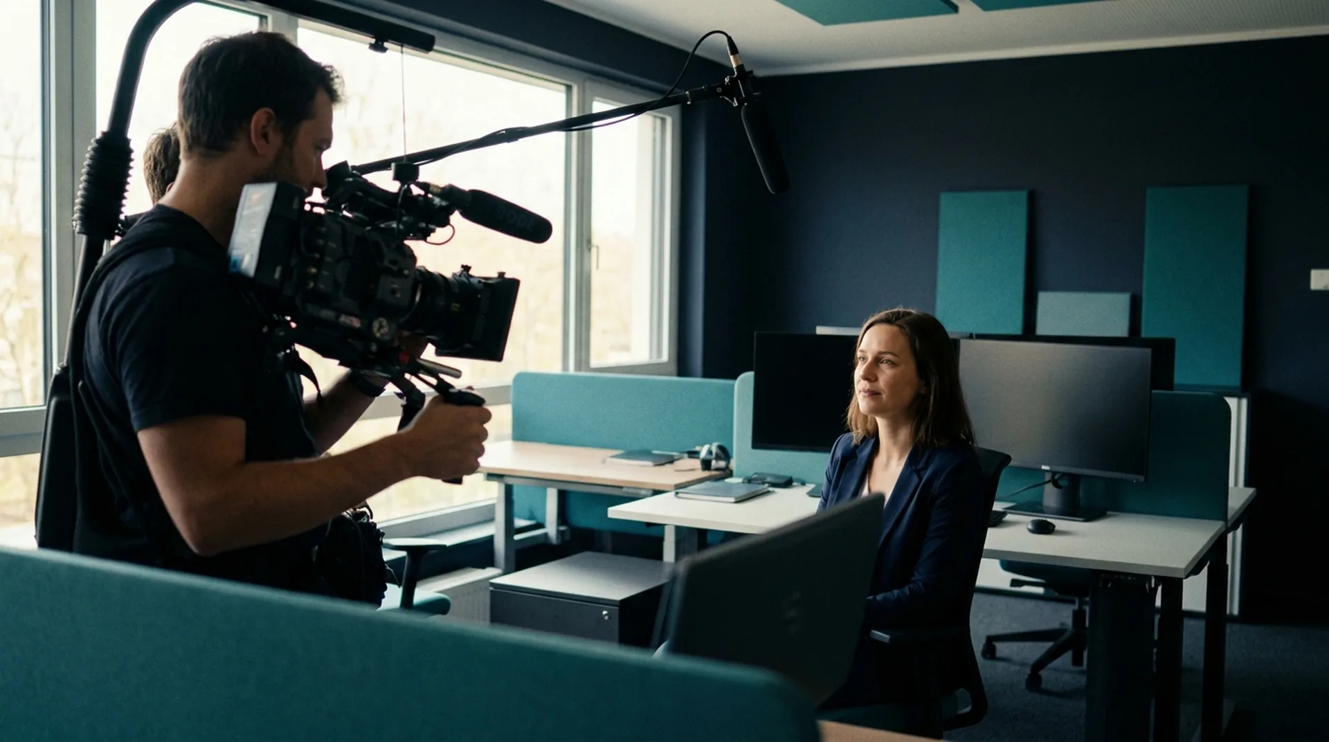 Blog 12 A cameraman interviews an employee at her workplace during the production of a recruitment video in the Rhine-Main region