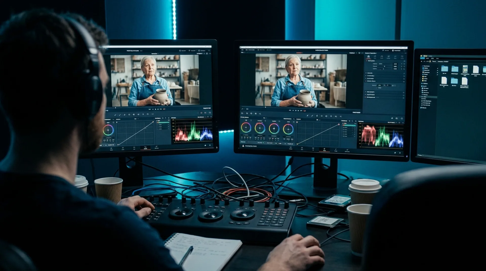 Cutter im Color-Grading-Studio bearbeitet ein Recruiting-Video – Postproduktion und Formatvarianten als Preisfaktor