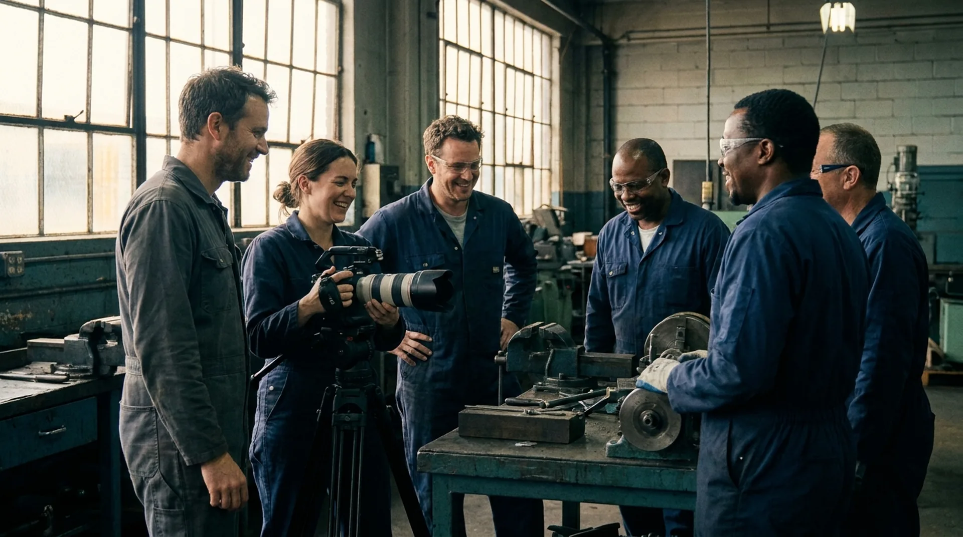 Kleines Filmteam im lockeren Austausch mit Mitarbeitenden zwischen den Takes – authentische Employer-Branding-Aufnahmen