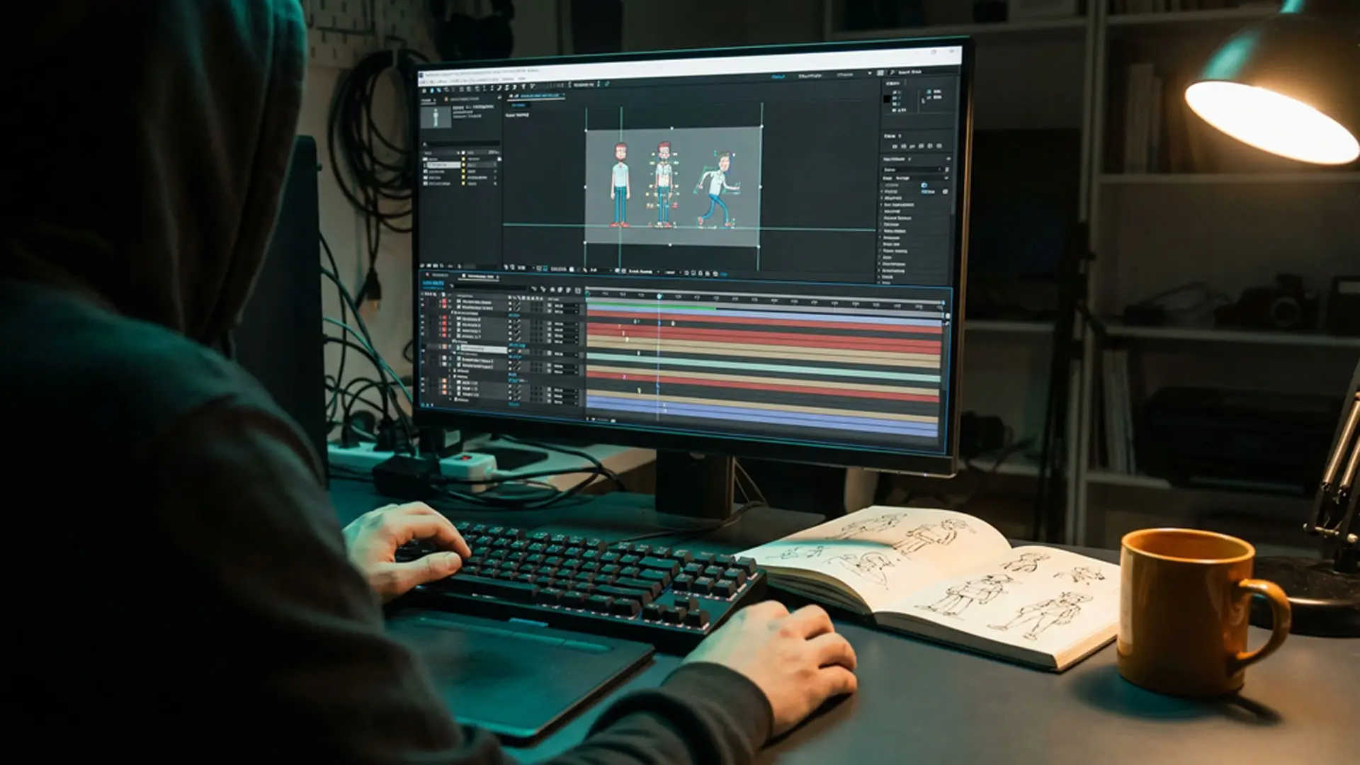 2D animation of an explainer video in the editing software, scenes and timeline on screen
