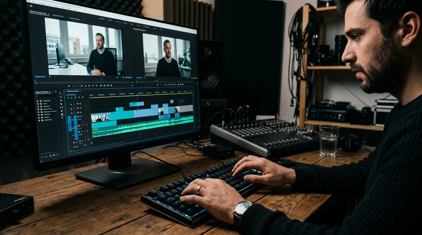 Video editor edits the subtitle track of a corporate film – accessible videos in accordance with the BFSG