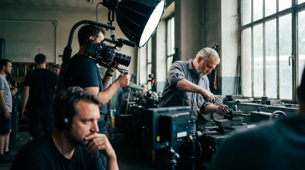 Filmteam dreht dokumentarischen Imagefilm in einem Familienunternehmen, Kamera und Regie-Monitor in Navy-Teal-Look