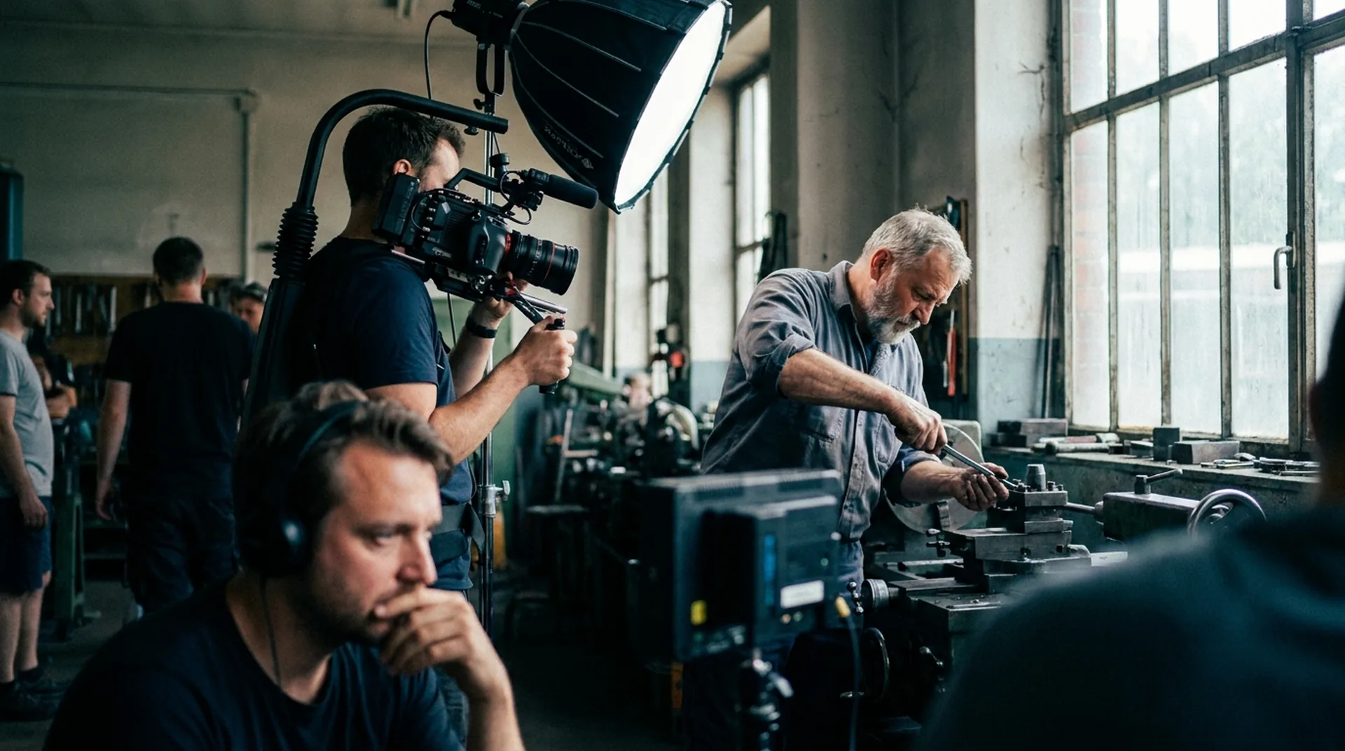 Blog 3 Film crew shoots a documentary-style promotional film at a family-owned business; the camera and director's monitor feature a navy-teal design