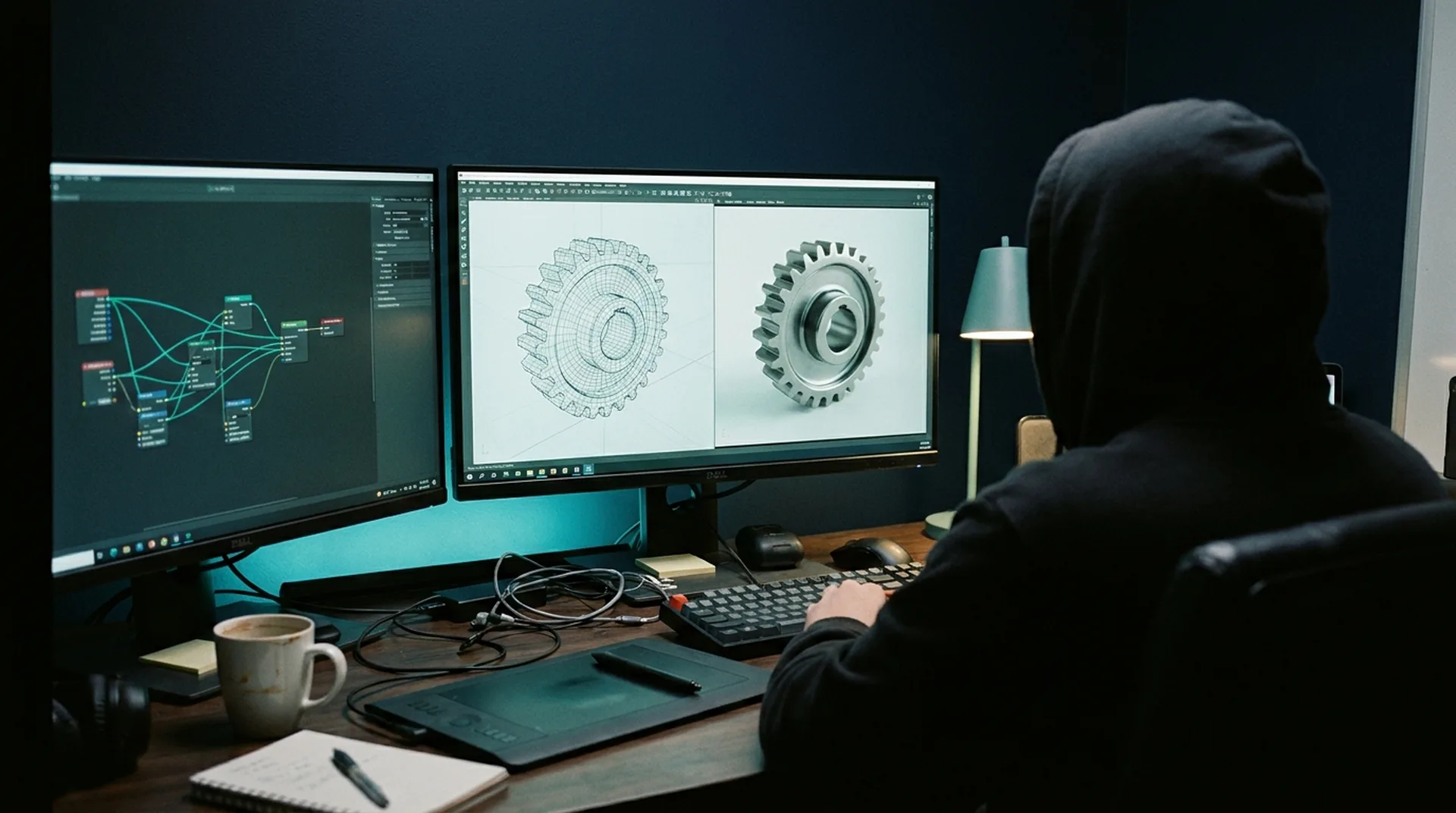 Blog 1 3D artist workstation with a split view on the monitor showing both a wireframe and a rendered image of an industrial component