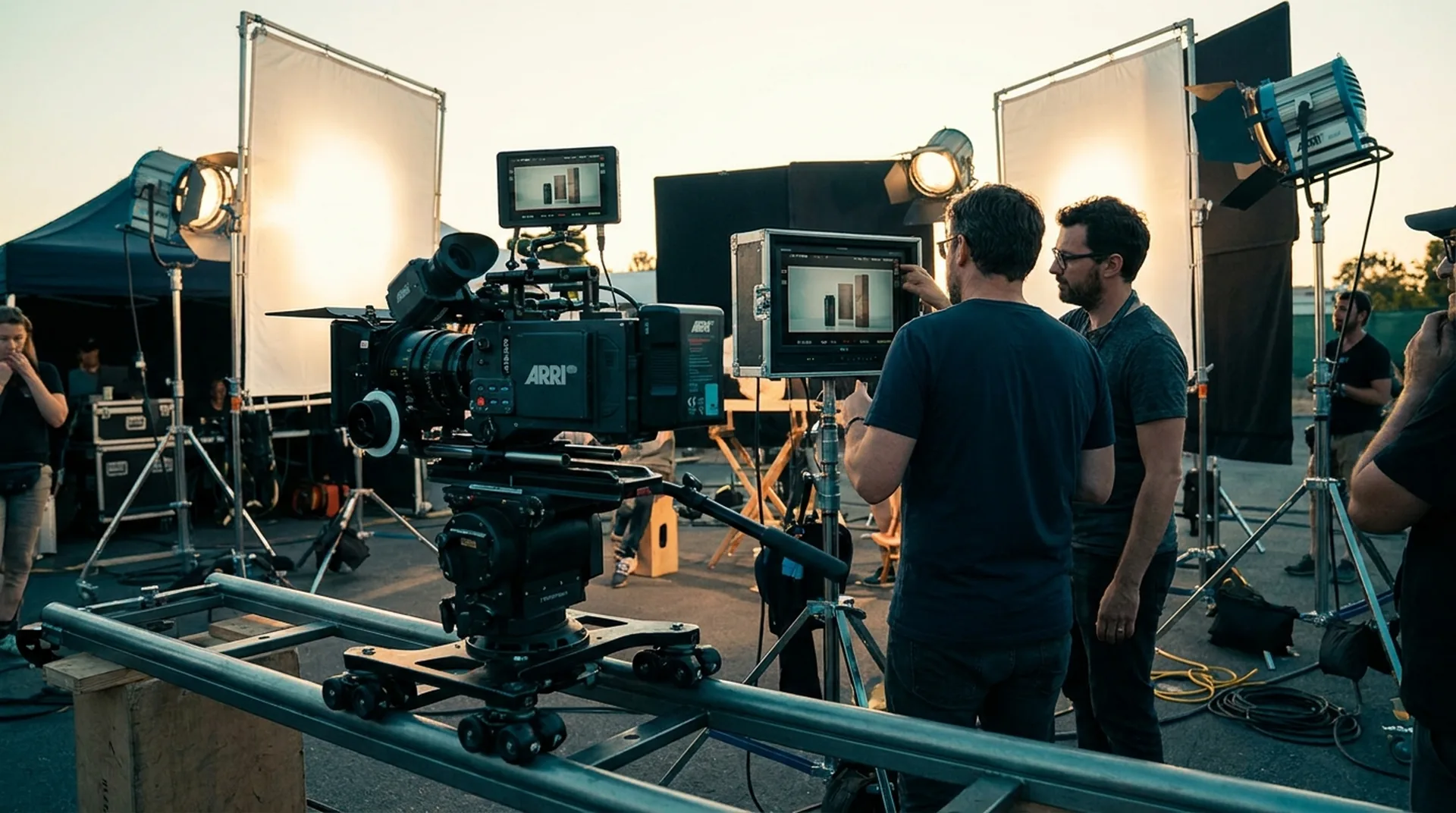 Camera crew on set during the "golden hour" while filming a TV commercial; the director and camera operator check the monitor