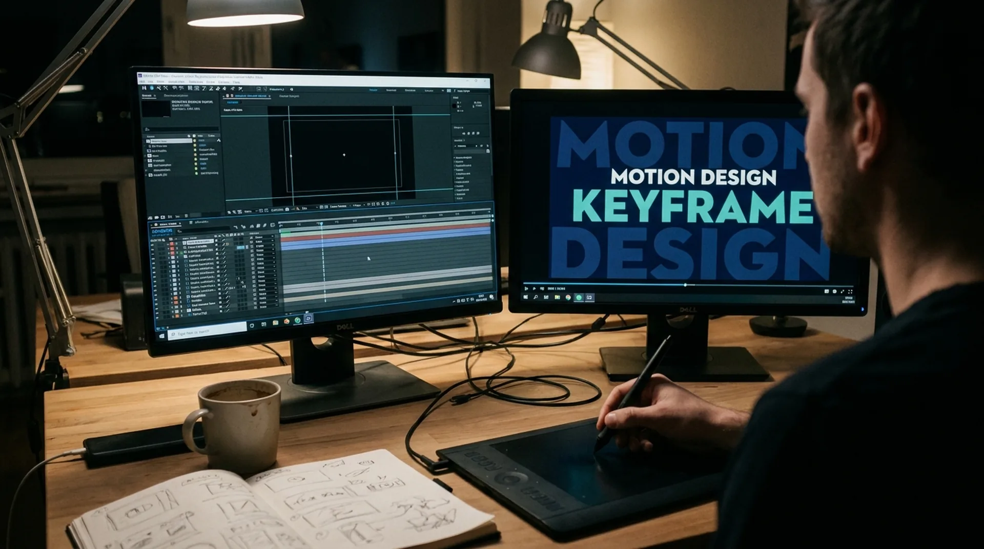 Motion designer animating on a dual-monitor setup using a keyframe timeline and a graphics tablet – Motion Design Costs 2026