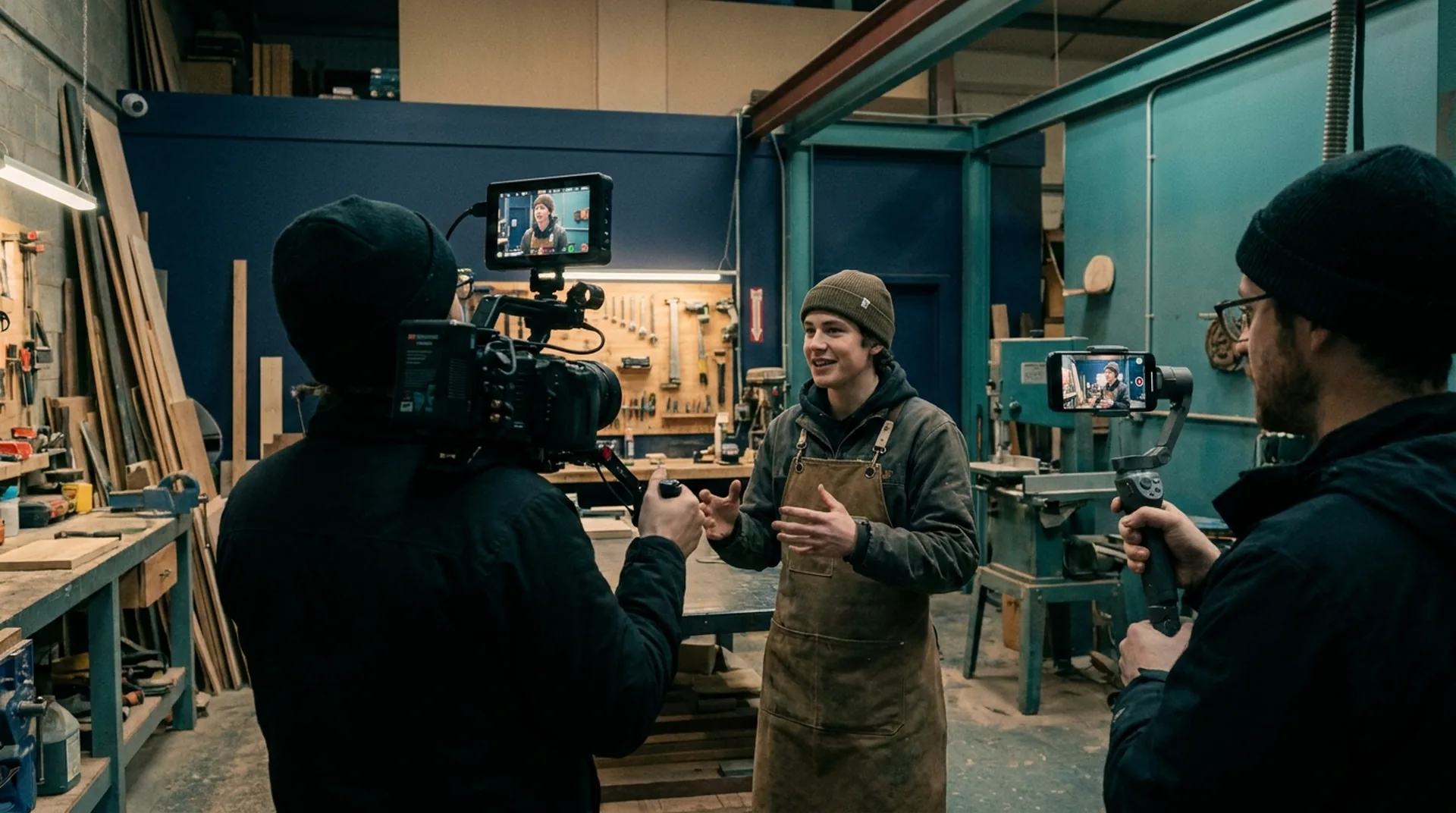 A two-person film crew is shooting a portrait-oriented video (9:16) with a social media staff member