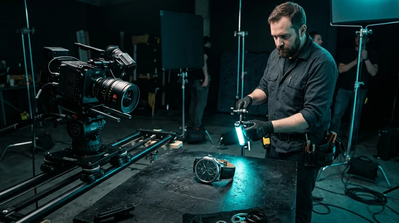 A cameraman films a luxury wristwatch under teal lighting in a film studio