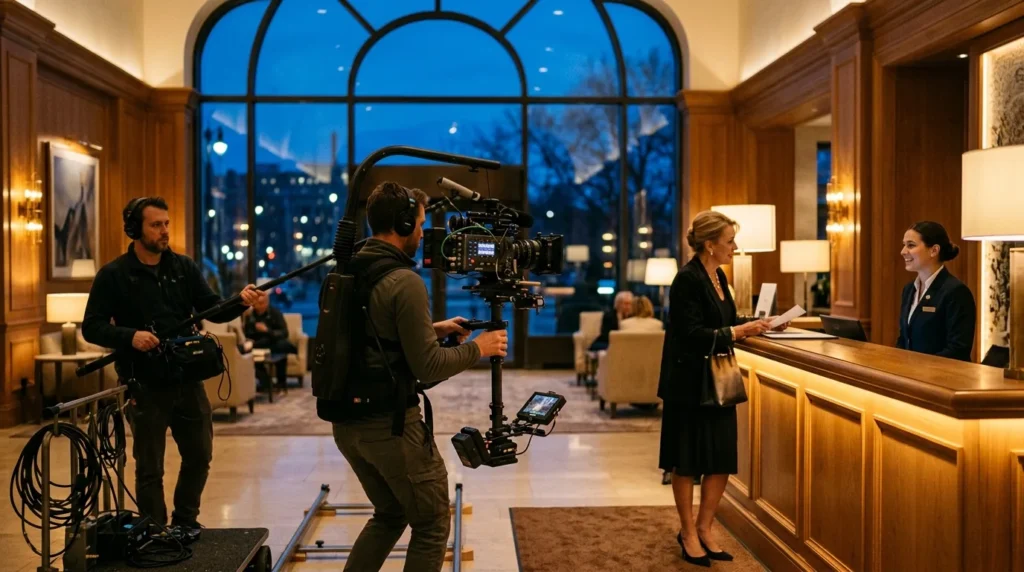 Kameramann mit Gimbal filmt eine Hotellobby in der Abenddämmerung, Rezeptionistin im Gespräch mit einem Gast