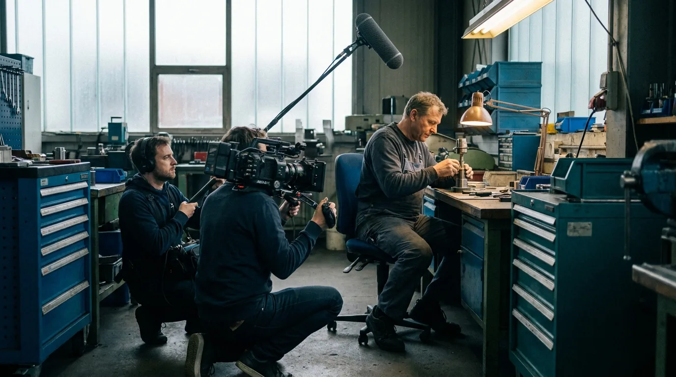 Blog 5 A small documentary film crew using a cinema camera films a craftsman at a medium-sized company