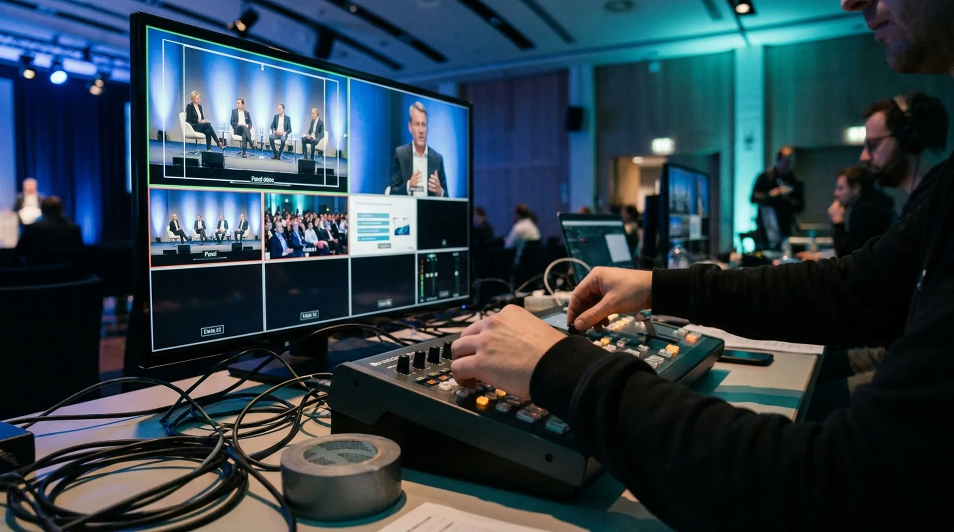 Live production with a video switcher and multiview monitor wall for a professional livestream production in the Rhine-Main region