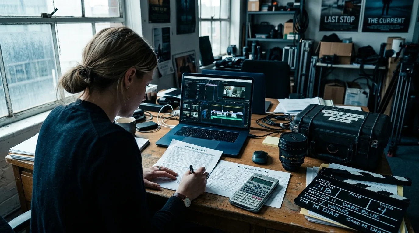 Calculating Video Production Costs – Budget Planning Production planning at a desk using a shooting schedule, a calculator, and a clapperboard to calculate the cost of a video production