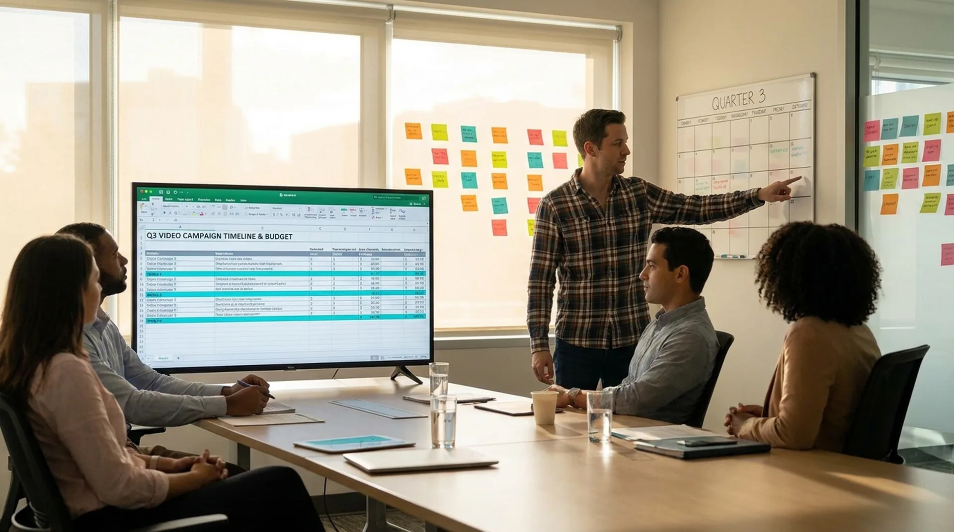 Marketing-Team plant das Videoproduktions-Budget 2027 an einer Timeline mit Quartalskalender