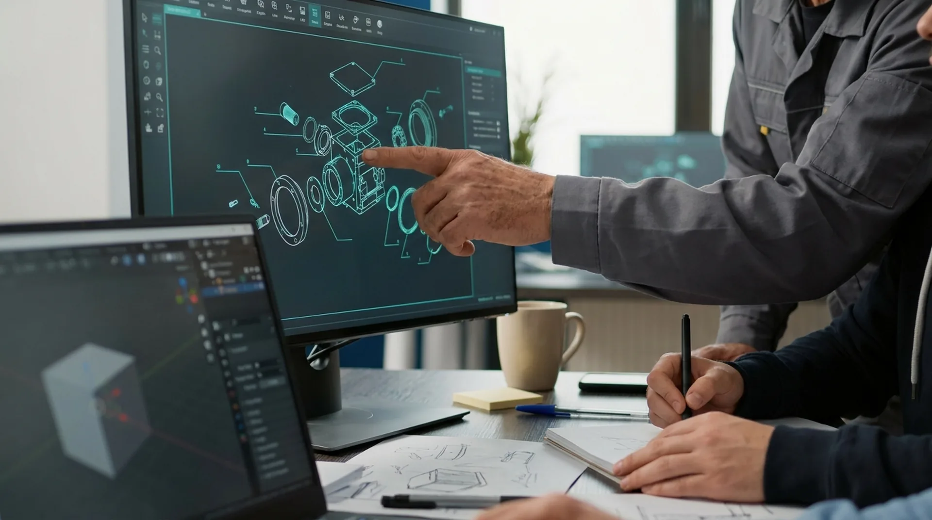 CAD-Daten als Kostenhebel der 3D-Animation Ingenieur zeigt auf eine CAD-Explosionszeichnung, während ein 3D-Artist Notizen macht