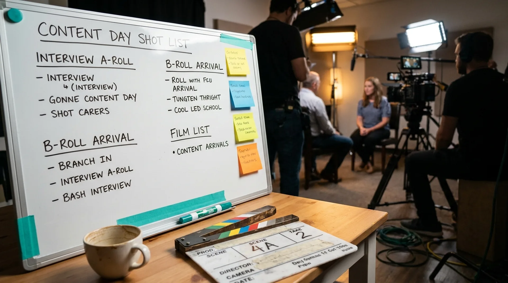 Whiteboard with a Content Day shot list and a clapperboard; in the background, an interview setup in progress