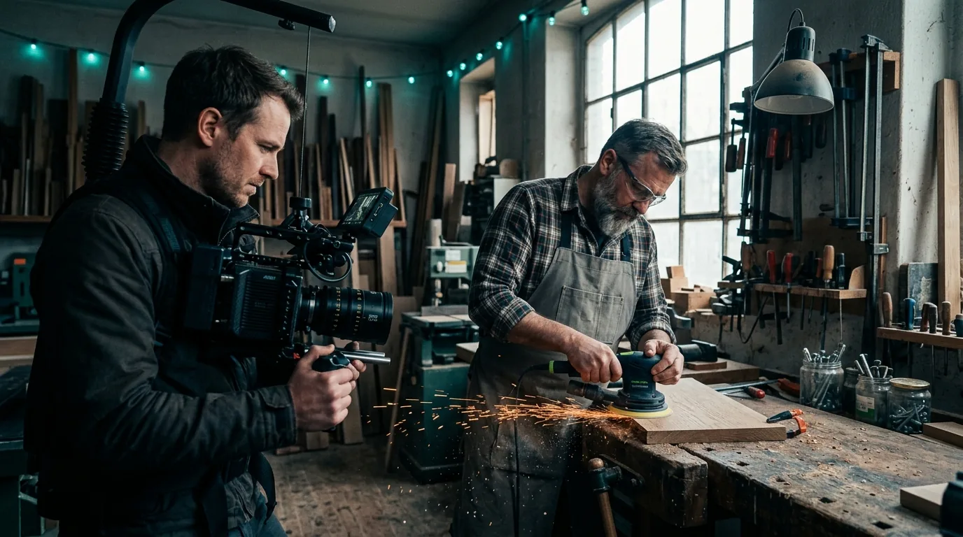 Documentary-style product video in the workshop A camera crew films a craftsman using power tools at a workbench