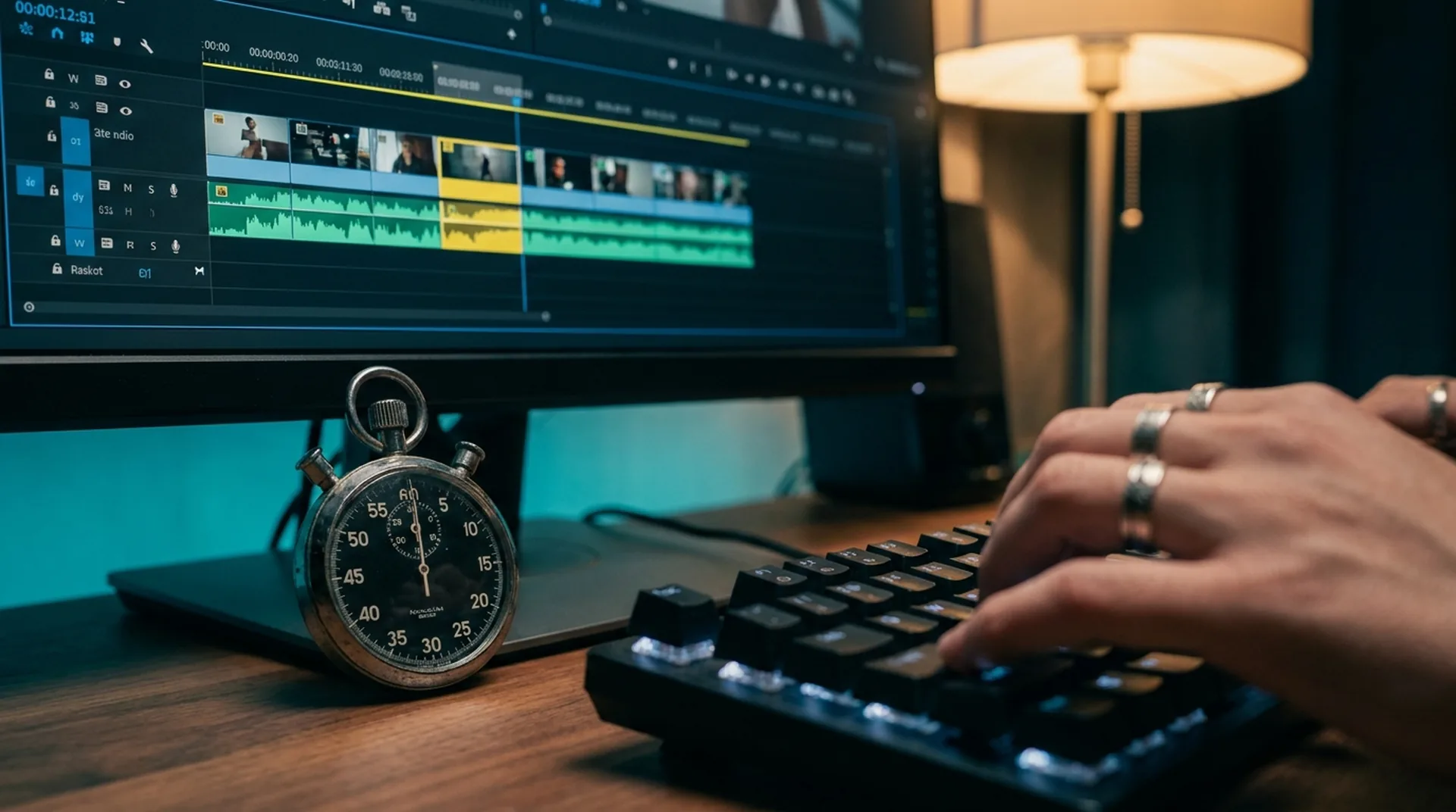 Stopwatch next to the editing timeline with the first five seconds highlighted—the hook determines the CPV