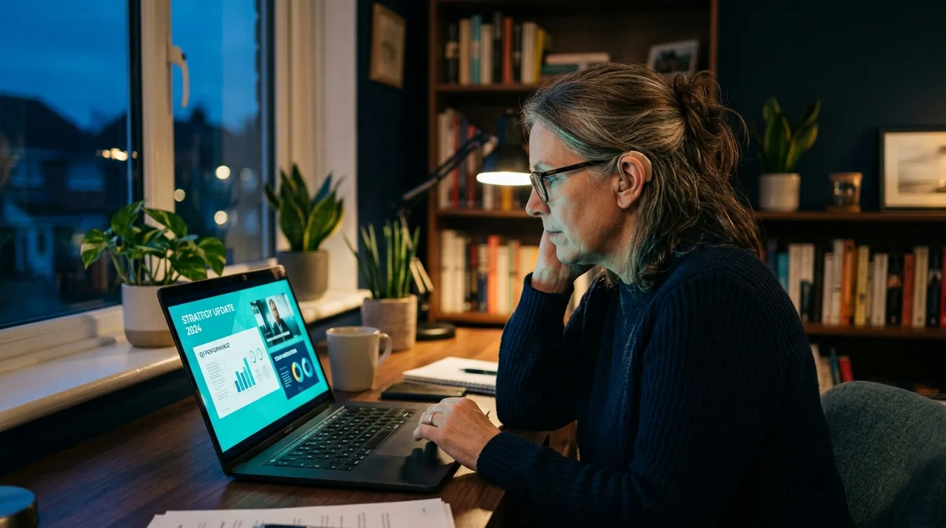 Barrierefreie Videos schaffen Reichweite und Inklusion Person mit Hörgerät schaut ein untertiteltes Unternehmensvideo am Laptop – barrierefreie Videos erweitern Reichweite und Inklusion