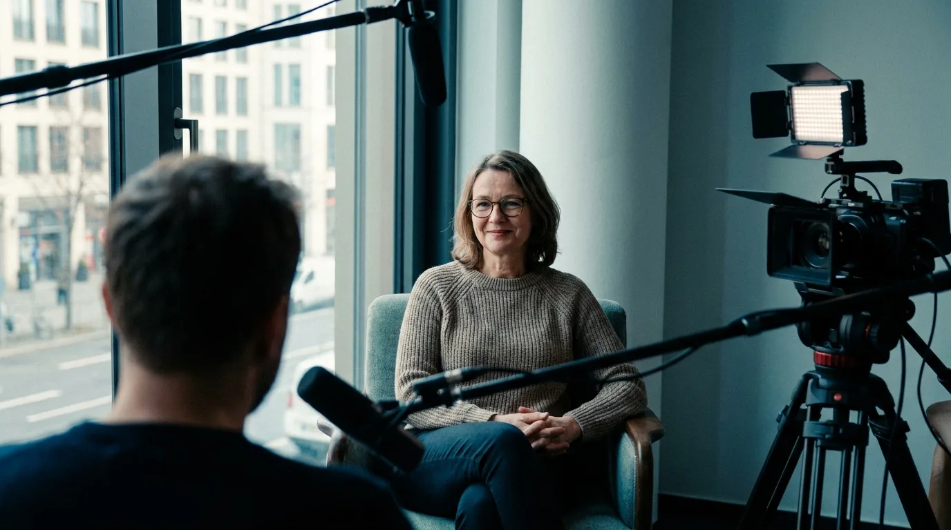 Dokumentarisches Interview mit einer Mitarbeiterin im Tageslicht eines modernen Büros