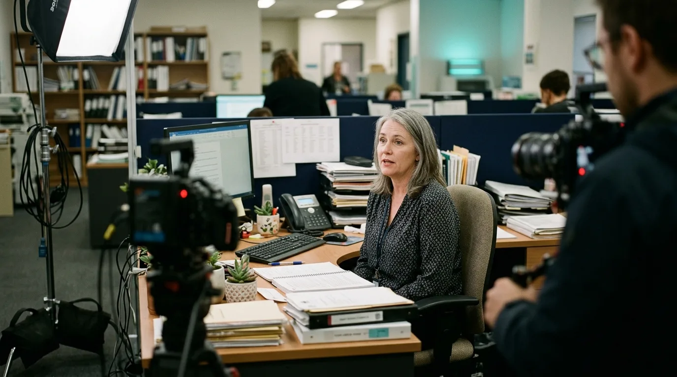 A government employee is interviewed at work for a Change video