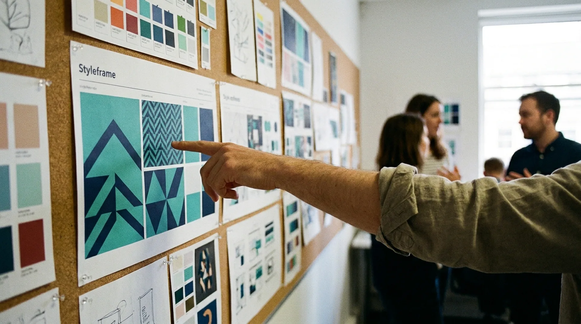 Hand zeigt auf gepinnte Styleframes und Farbmuster in Petrol und Navy während einer Design-Review im Studio