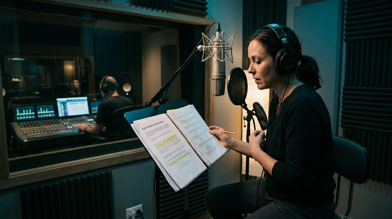 Audiodeskription für barrierefreie Videos im Tonstudio Sprecher nimmt im Tonstudio eine Audiodeskription für ein barrierefreies Video auf, Toningenieur am Mischpult im Hintergrund
