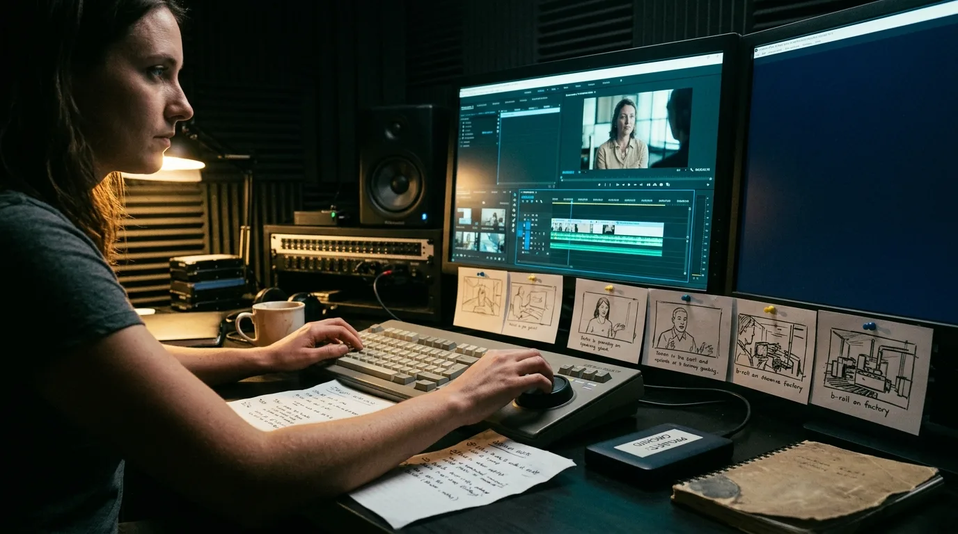 Cutter bearbeitet Interviewmaterial eines dokumentarischen Markenfilms in einer dunklen Schnitt-Suite
