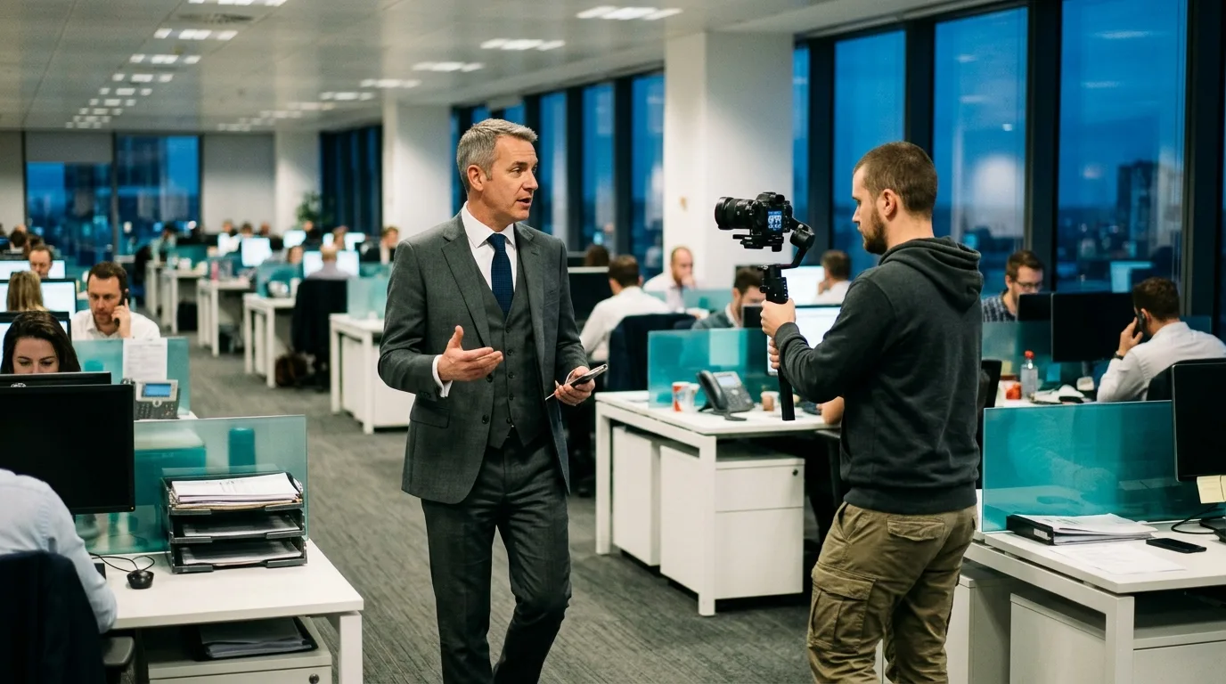 An executive is filmed in a documentary-style video while walking through the office to deliver a statement on change