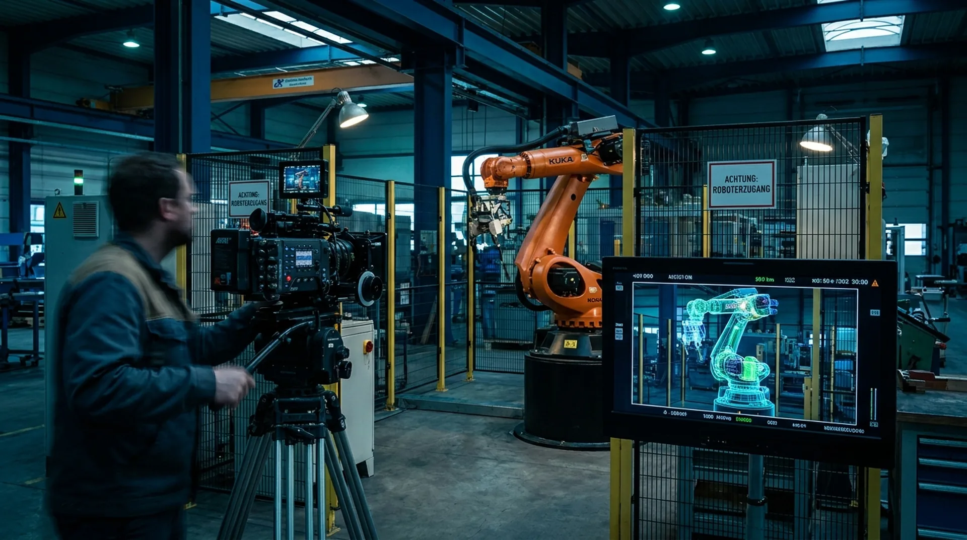 Hybrider Industriefilm: Realfilm trifft 3D Kinokamera filmt einen Roboterarm in einer Fabrik, daneben ein Monitor mit 3D-Overlay des Innenlebens
