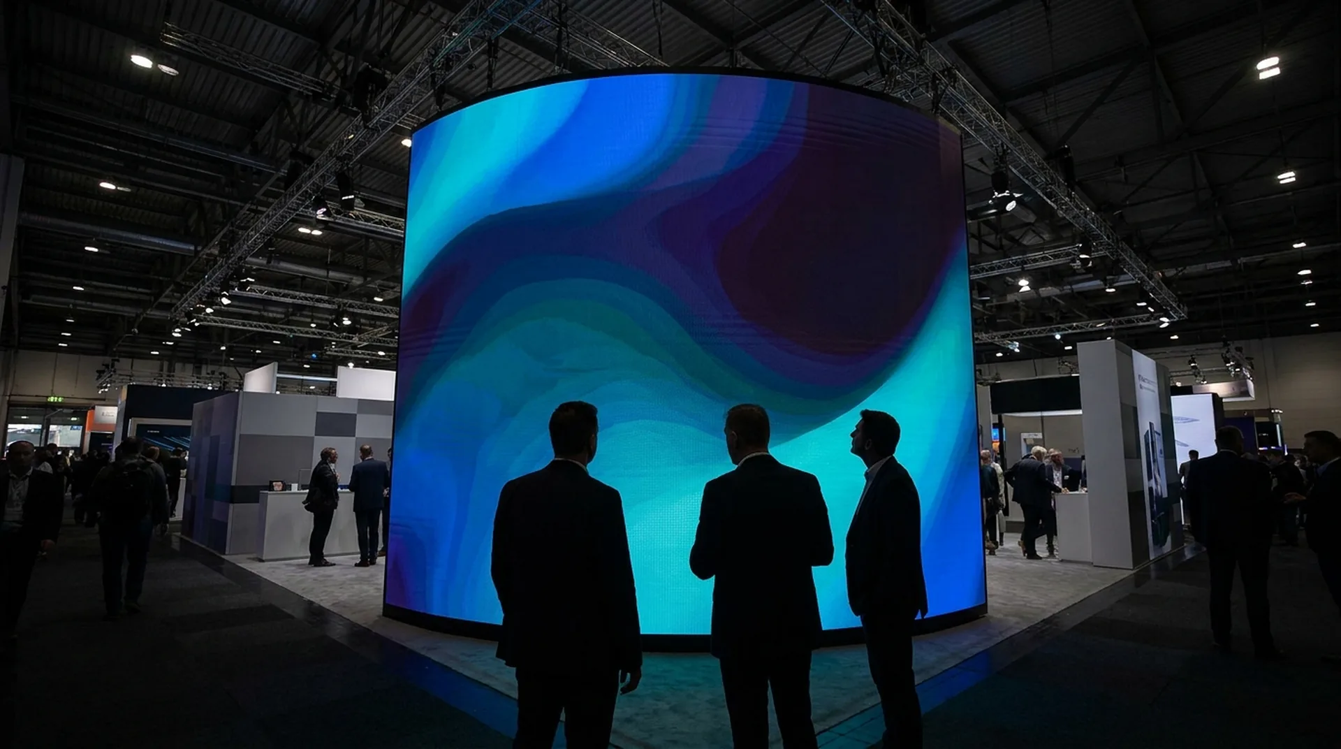 Große LED-Wand auf einer Messe zeigt eine abstrakte Marken-Animation in Blau und Petrol, drei Besucher davor