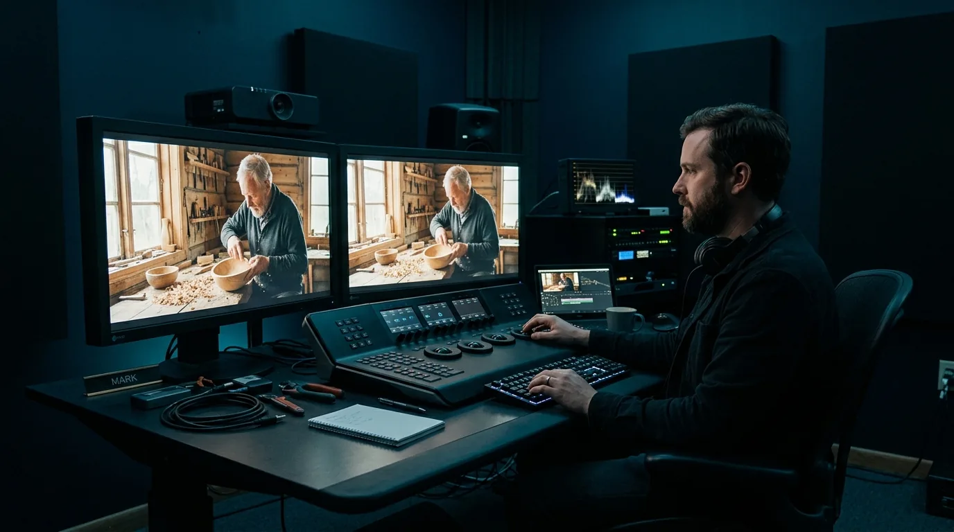 Post-Production – Color Correction in a Film Studio A colorist performing color correction on a corporate film using two reference monitors in a post-production studio