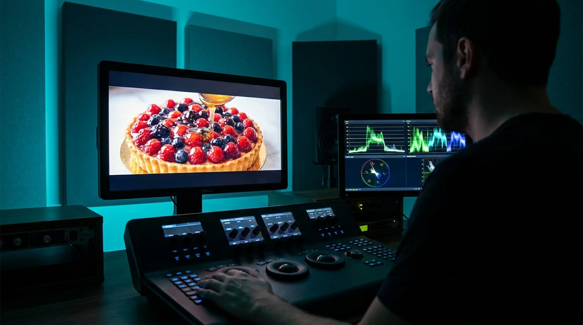 Colorist beim Color Grading eines 30-Sekunden-TV-Spots in der Grading-Suite, Referenzmonitor und Scopes