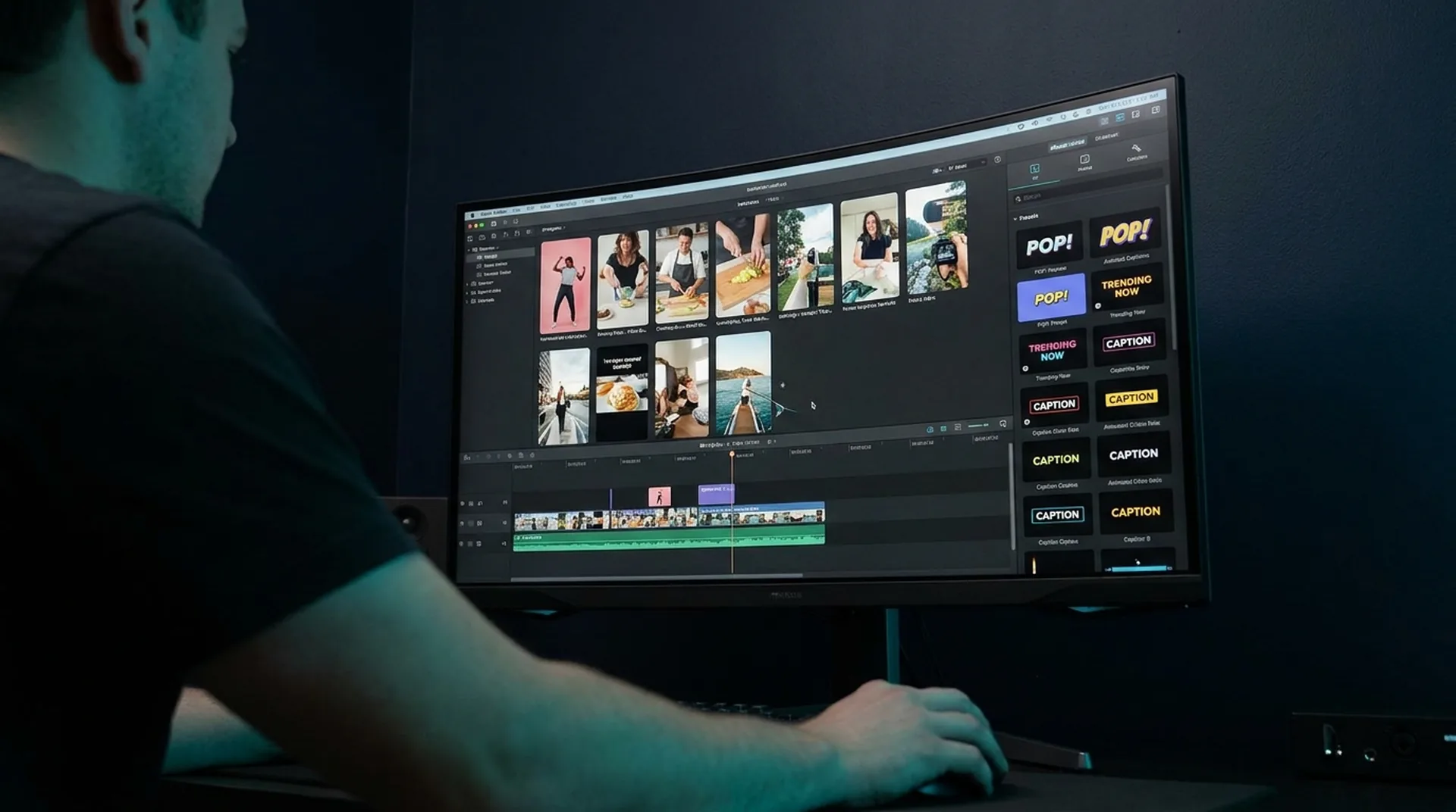 Editor screen with a grid of vertical short video thumbnails and animated subtitles in the editing timeline