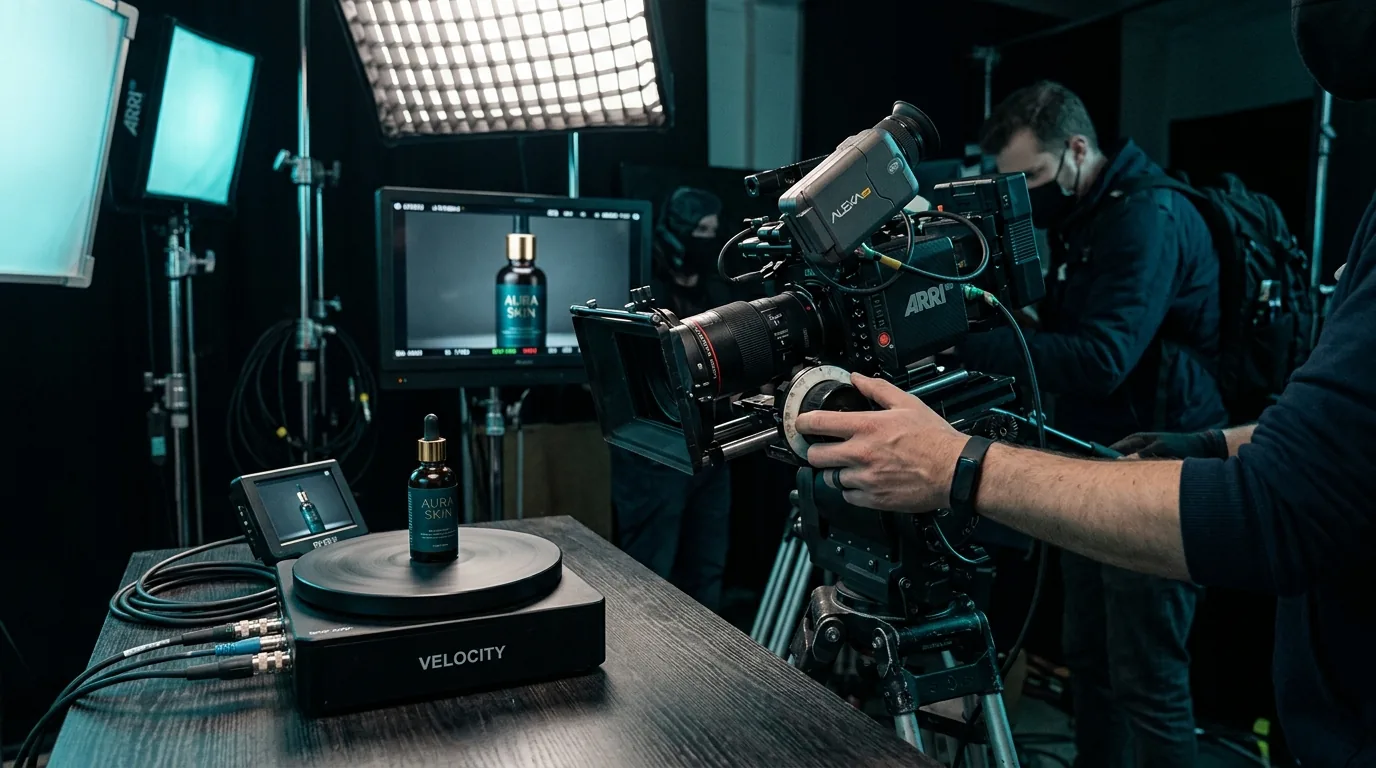 Tabletop Setup Product Video Macro camera and turntable with a cosmetic bottle in the product set