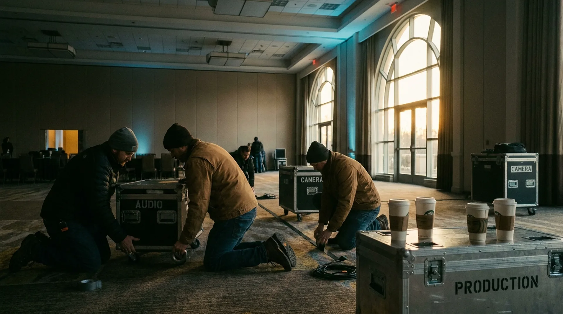 Team-Aufbau vor der Livestream-Produktion Filmcrew beim Kamera- und Tonaufbau am frühen Event-Morgen – Personal- und Aufbauzeit als Livestream-Kostenfaktor