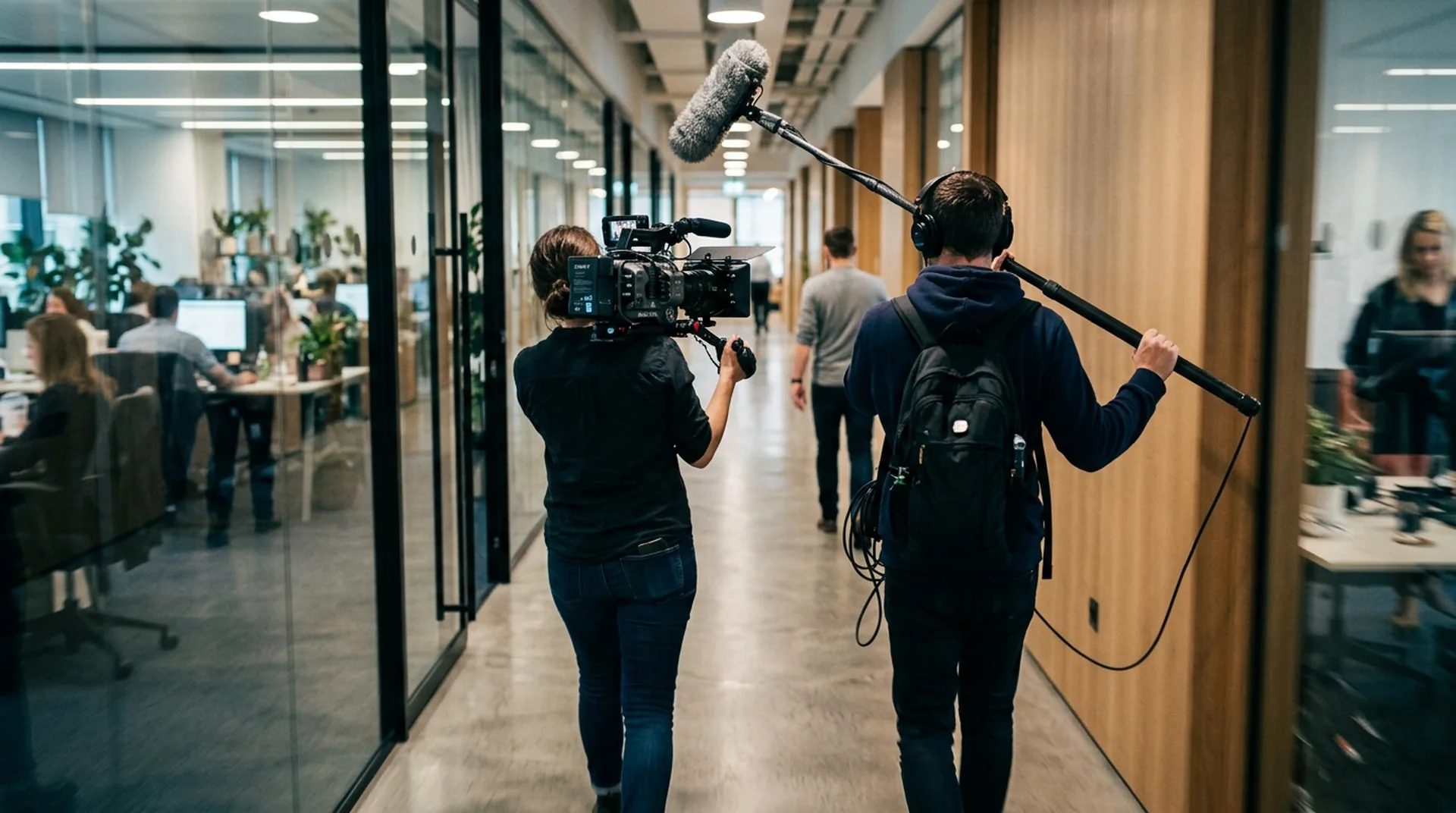 Filmcrew bei der Drehbegleitung in einem Frankfurter Büro