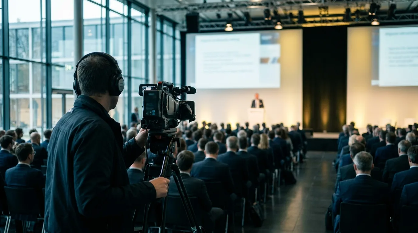 Kameramann mit Kopfhörern filmt von hinten einen Kongress mit Publikum und Redner auf der Bühne