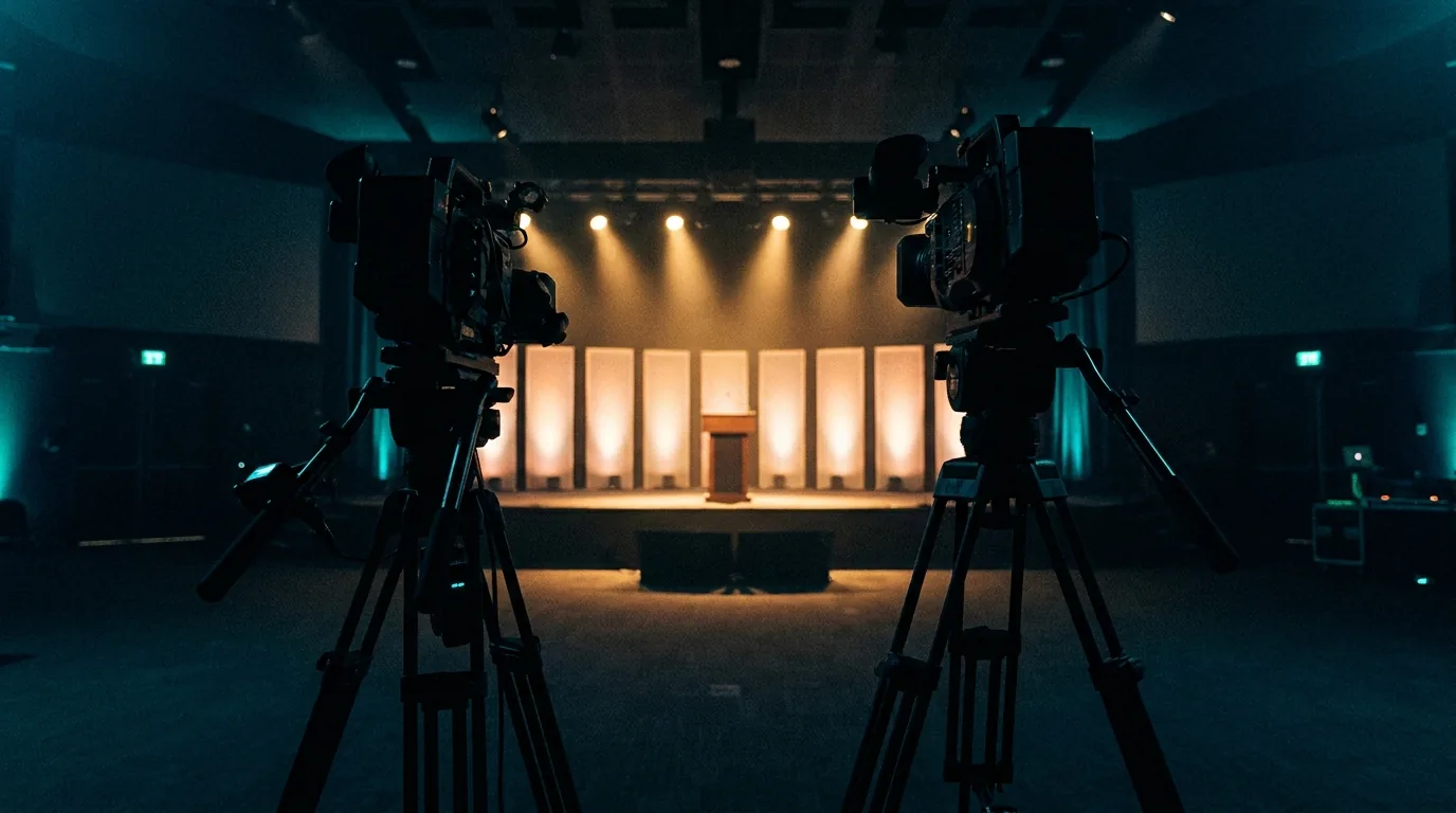 Two cameras on tripods pointed at a lit stage with a lectern in a darkened event hall
